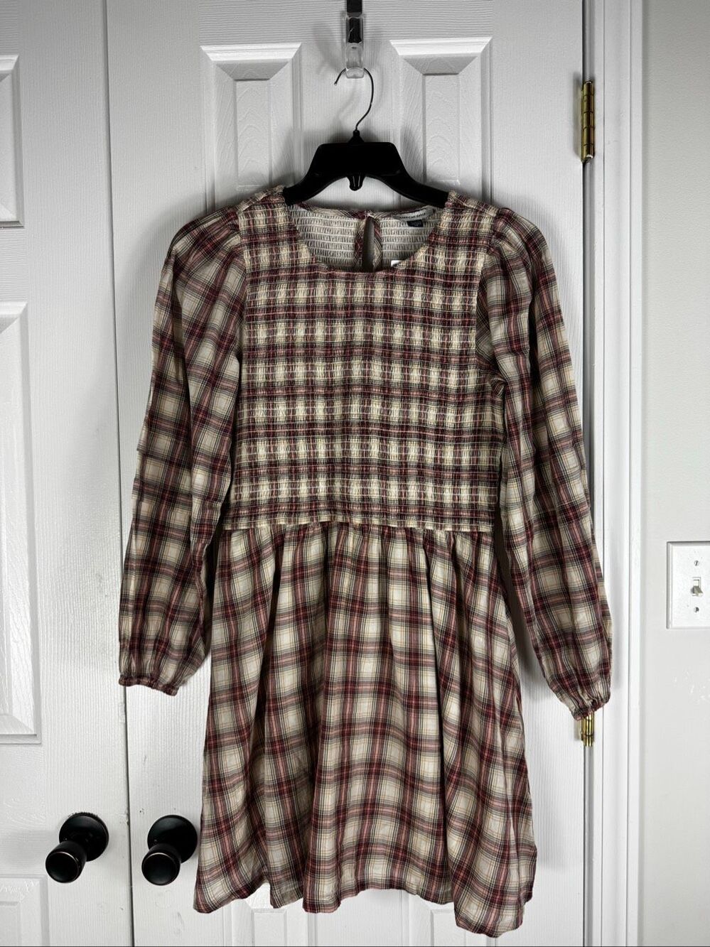 NWT American Eagle Smocked Plaid Dress Burgundy Maroon Size M
